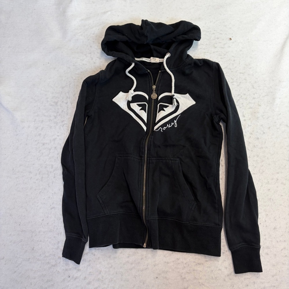 Roxy Full Zip Hoodie Womens Small Black Graphic Heart Logo Long Sleeve